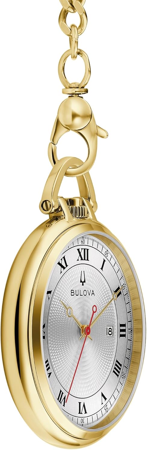Bulova Classic Pocket Watch 3-Hand Date Quartz Gold Stainless Steel, White Dial with Detachable Chain Style: 97B241