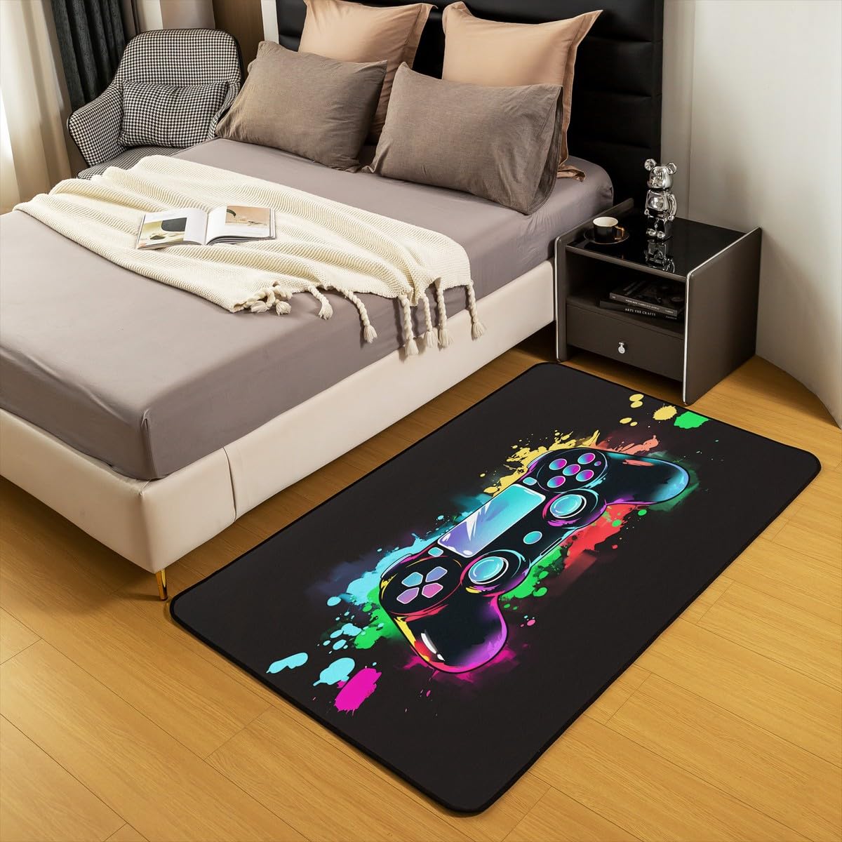 Loussiesd Dywan do salonu dla graczy, 100 x 150 cm, gamingowy dywan akcentujący dla chłopców, dziewcząt, nastolatków, nowoczesny kontroler konsoli do gier, wewnętrzna mata podłogowa, joystick, węgiel,