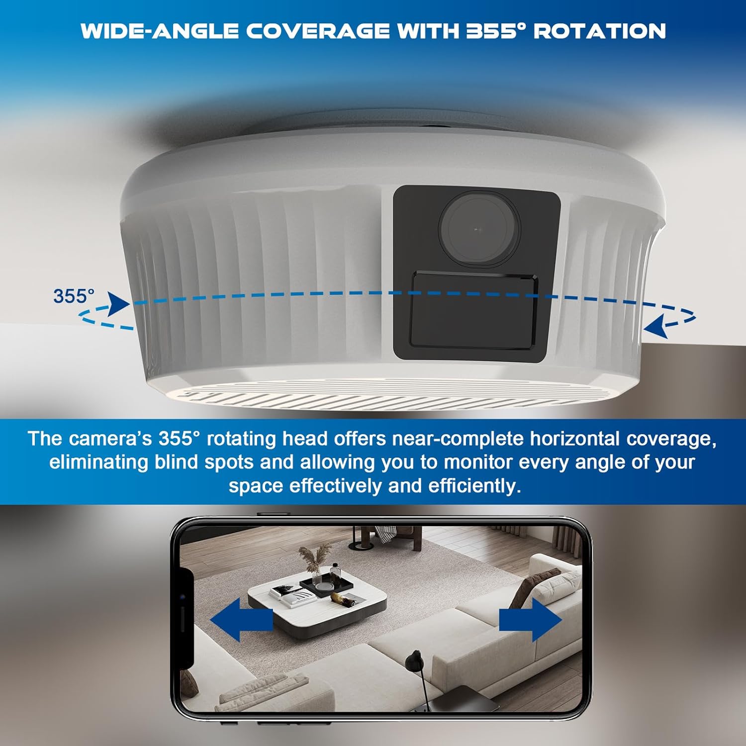 Image illustrating the camera's 355-degree pan capability with arrows indicating rotation.