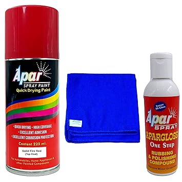 APAR Automotive Spray Paint Solid Fire Red (RC Colour Name)- 225ml, Rubbing and Polishing Compound(100 gms), microfiber Blue cloth(350 gsm),For Maruti Suzuki Cars