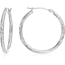 14K White Gold Round Hoop Earrings with Diamond-cut X Pattern Design
