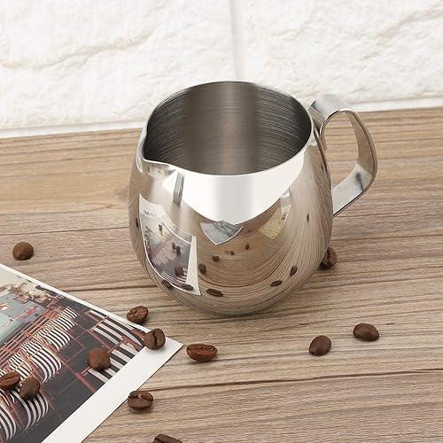 Miniatura 5 de Jarra de espuma de leche, jarra gruesa de acero inoxidable para café con leche, taza de espuma de café, jarra de leche plateada (10.1 fl oz)