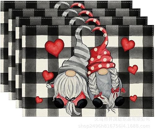 Juego de 4 manteles individuales para el día de San Valentín, de 12 x 18 pulgadas, diseño de corazones de búfalo en acuarela, gnomos, decoración de