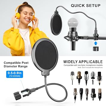 LINCO Professional Microphone Pop Filter Shield For Blue Yeti and Any Other Microphone, Dual Layered Wind Pop Screen With A Flexible 360 Degree Gooseneck Crab Clamp Stabilizing Arm (PF1502)