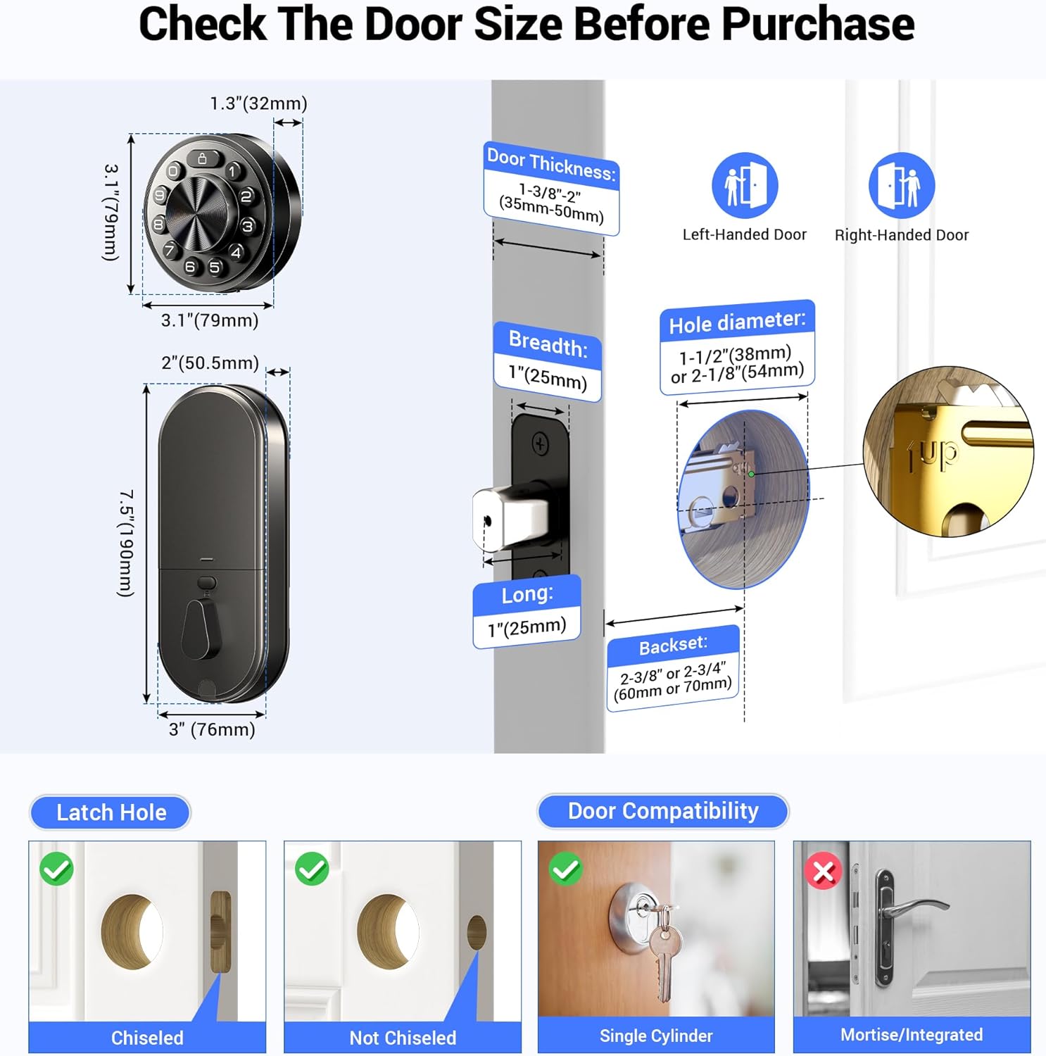 Diagram showing door dimensions and compatibility for Veise Smart Deadbolt
