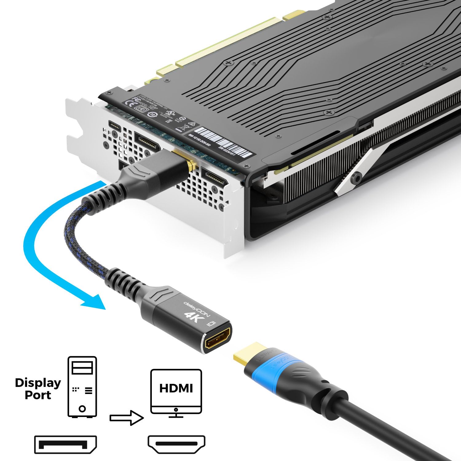 deleyCON 4K Adaptador DisplayPort a HDMI (Para Monitor/TV/Proyector HDMI) - 4K@60Hz - Conector Macho a Hembra - Compatible con Ordenadores DP, PC y Tarjetas Gráficas - Negro