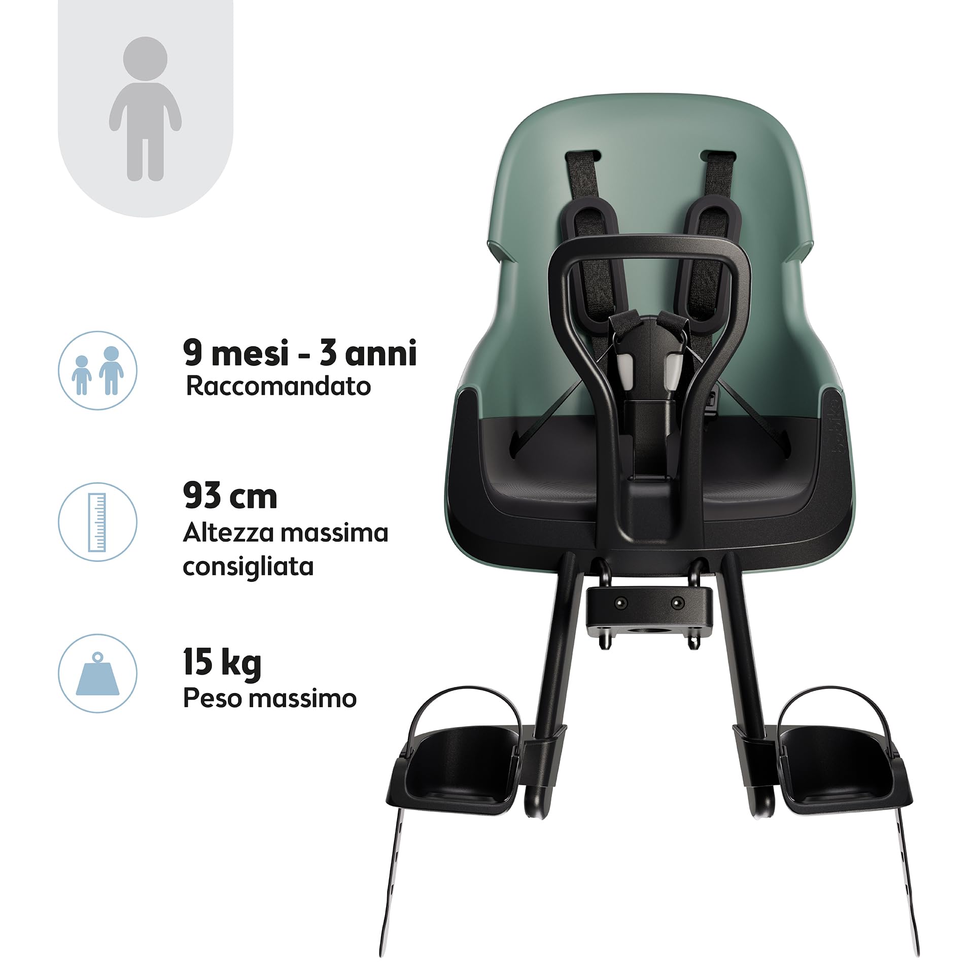 Seggiolino Anteriore Da Bicicletta Per Bambini Bobike EVOLVE MINI con Sicurezza Doppia, Design Avvolgente e Montaggio su Tubo di Sterzo per il Massimo Comfort e Stile
