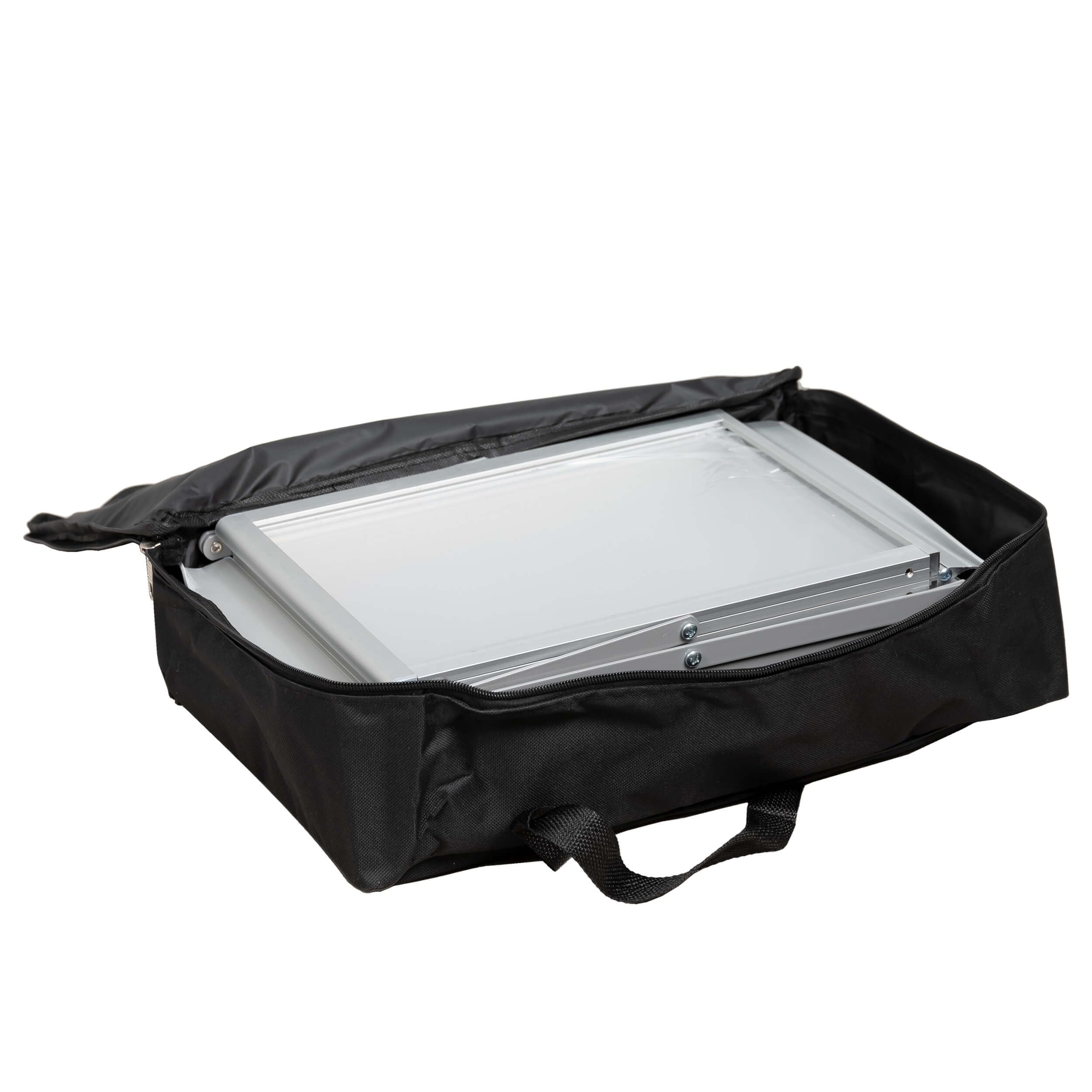 Prospektständer silber faltbar inkl. Tasche DIN-A4 | Katalogständer Zeitschriftenständer Broschürenständer Displayständer Z-Form, klappbar für Messen, platzsparend tragbar