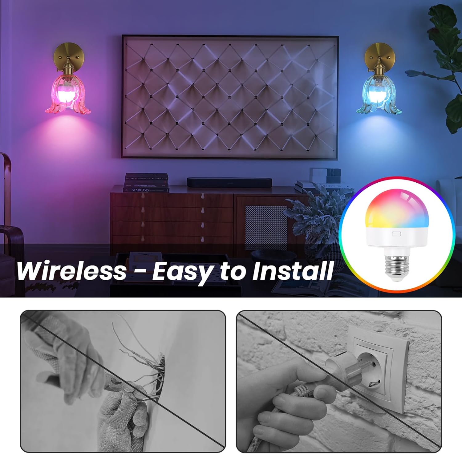 Vintage Battery Operated Wall Sconce, Wall Lighting with Flower Lampshade,Rechargeable Battery Wall Lamp Wall Lights with RGB for Bedroom, Living Room (Lily Amber)