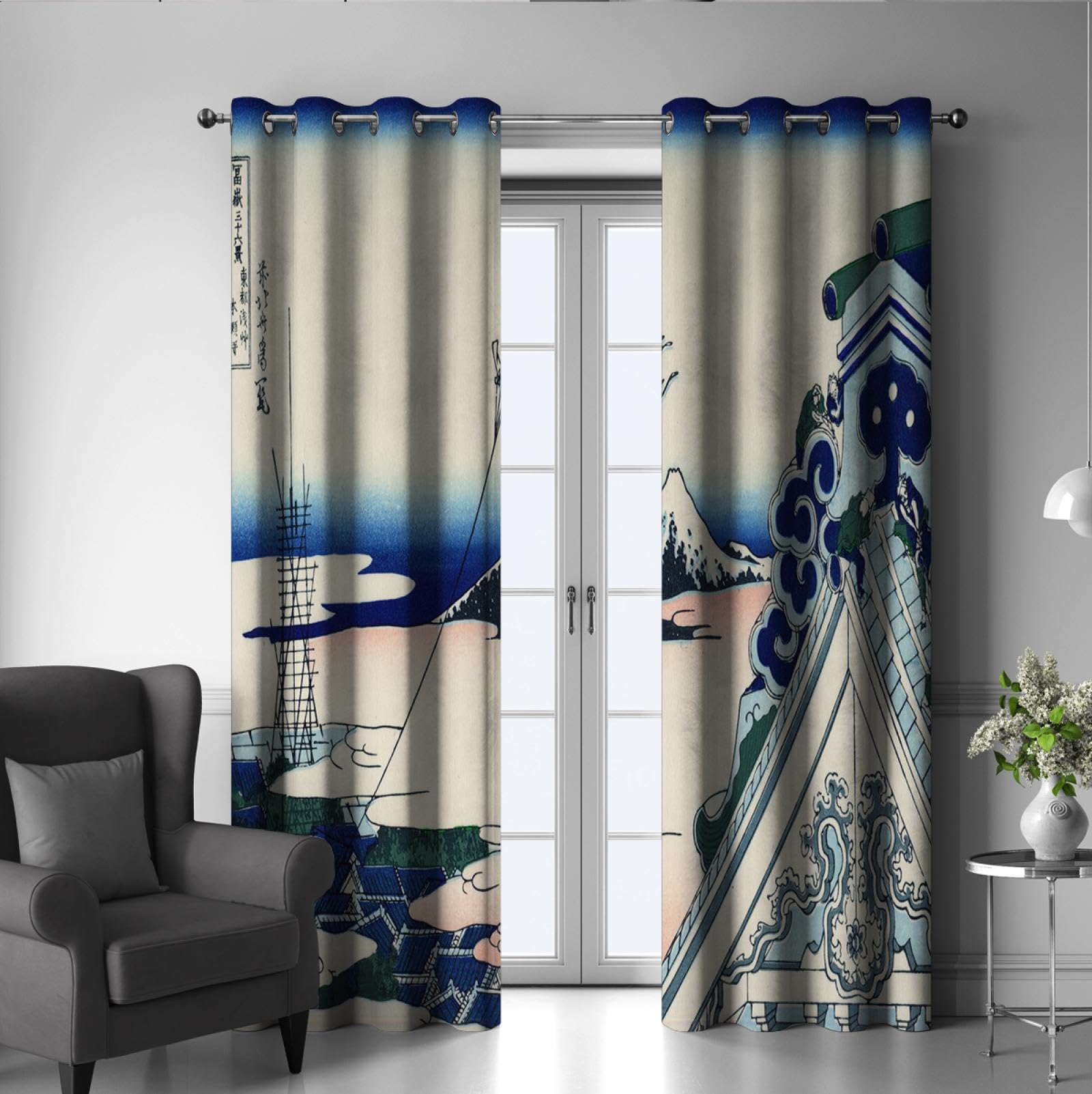 Katsushika Hokusai styl okna kurtyna góra fuji owinięta w chmurach i mgle nadruk wzór prywatności zasłony do drzwi wejściowych 2 panele 150 x 250 cm