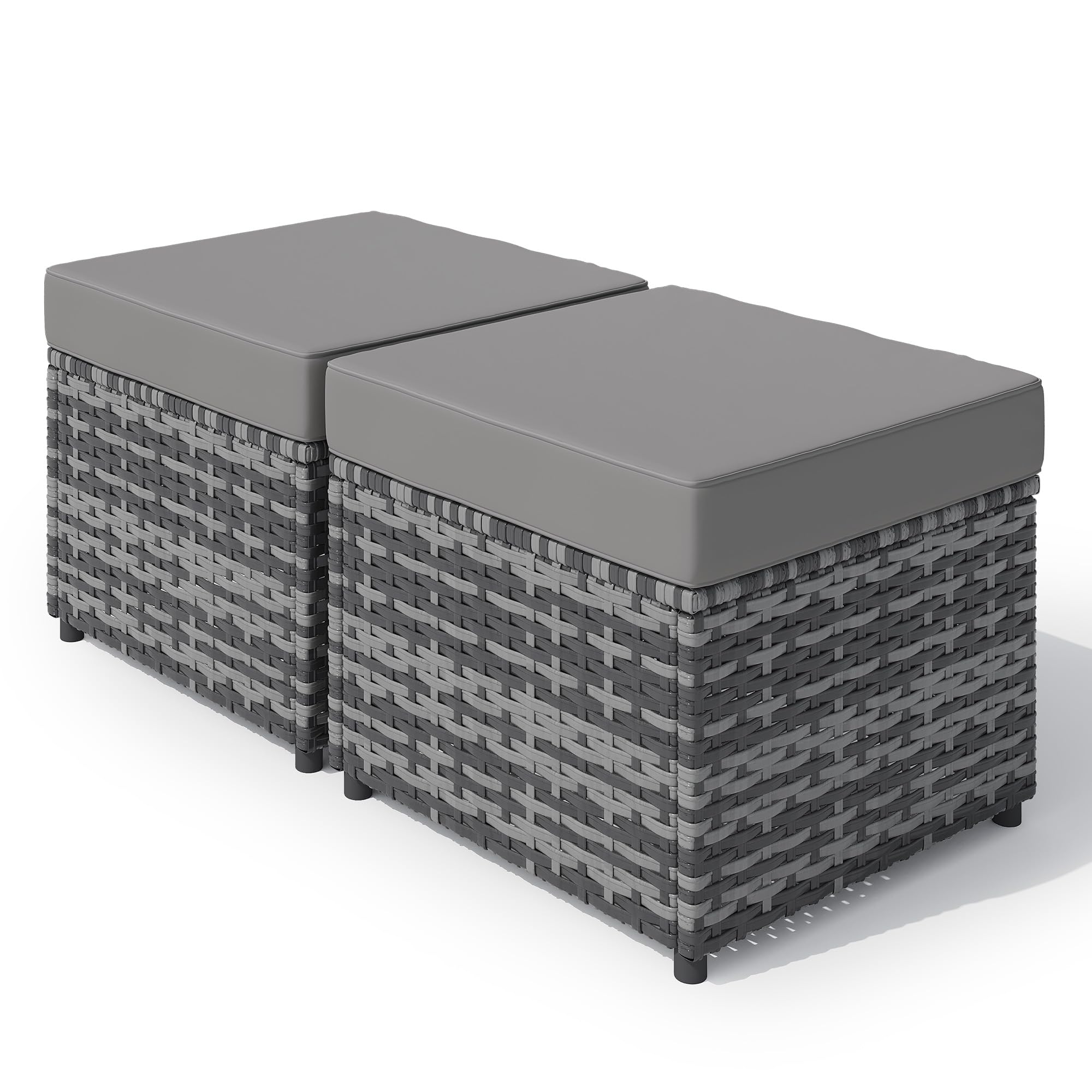 HOMREST Outdoor Patio Ottomans Set of 2, 20-Inch All-Weather PE Wicker Footstool with Removable Cushions, 3-in-1 Function Extra Seating &amp; Side Table for Backyard, Balcony, Poolside(Grey)