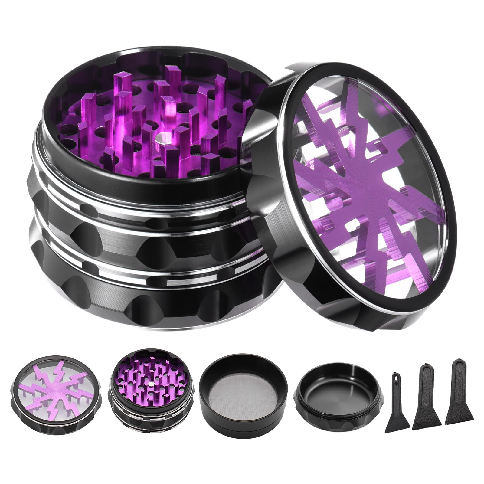 Herb Grinder, 2.5" 4 Pieces Aluminium Spice Grinder with Pollen Catcher, Portable Grinder for Dry Herb and Spice (Black & Purple)