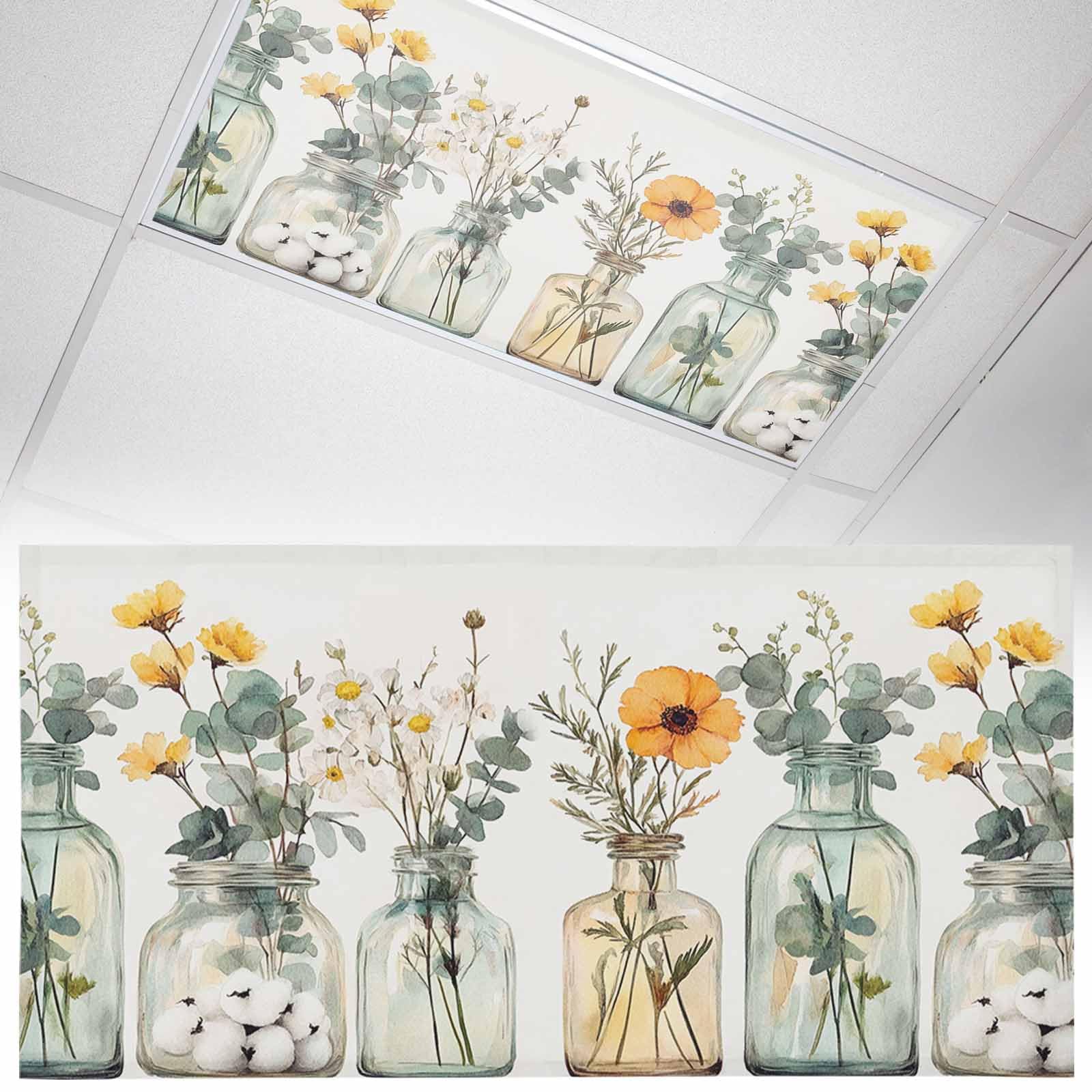 Wowouhiya 1 Pack Fluorescent Light Cover for Ceiling Lights, Spring Floral Magnetic Classroom Light Filters 4x2 Feet, Eucalyptus Leaf Summer Botanical Watercolor Decorative Ceiling Shade Panel