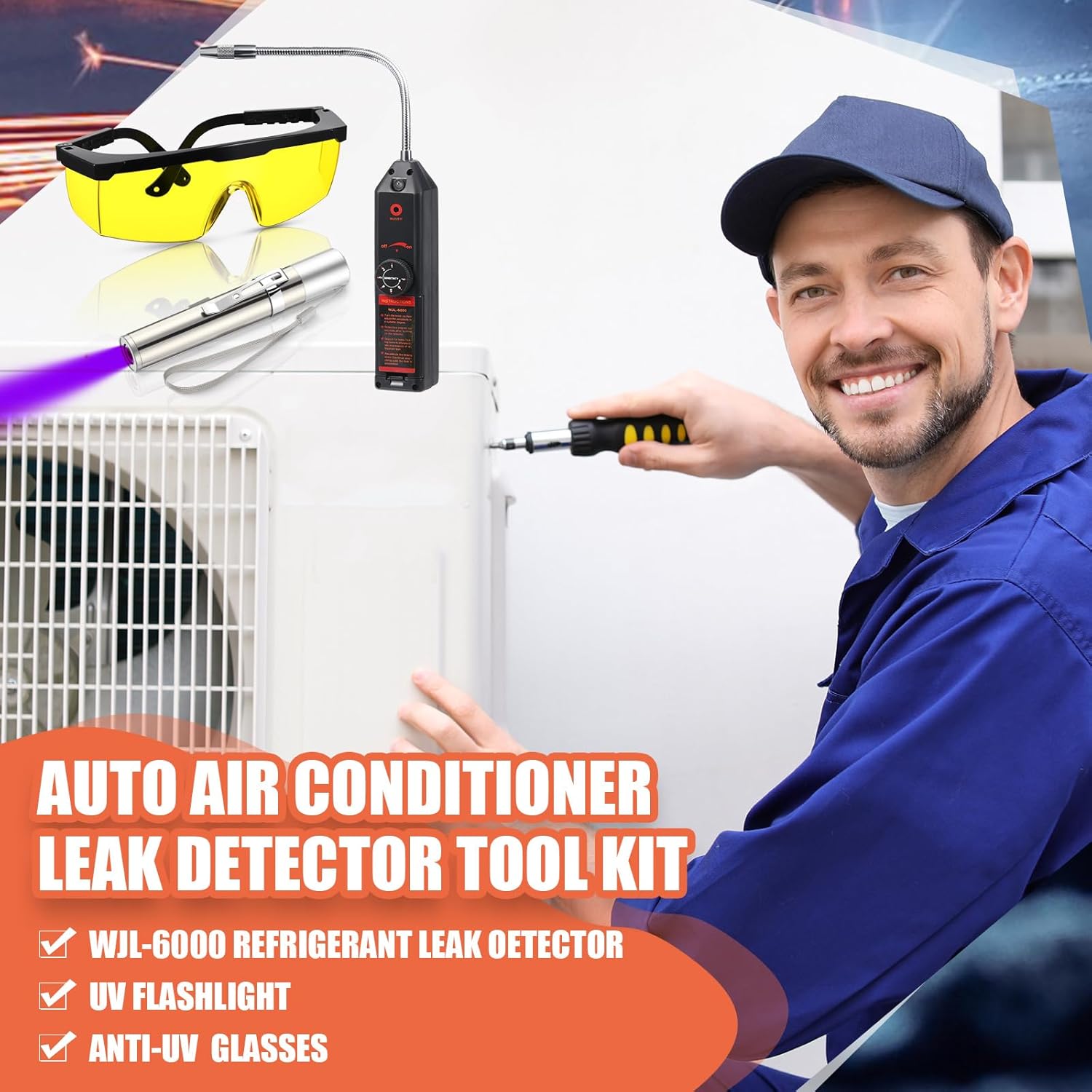 Auto Air Conditioner Leak Detector Tool WJL-6000 Refrigerant Leak Detector with 365nm LED Flashlight and UV Protective Glasses for HVAC Air Conditioner R22 R410A R134A(Black)