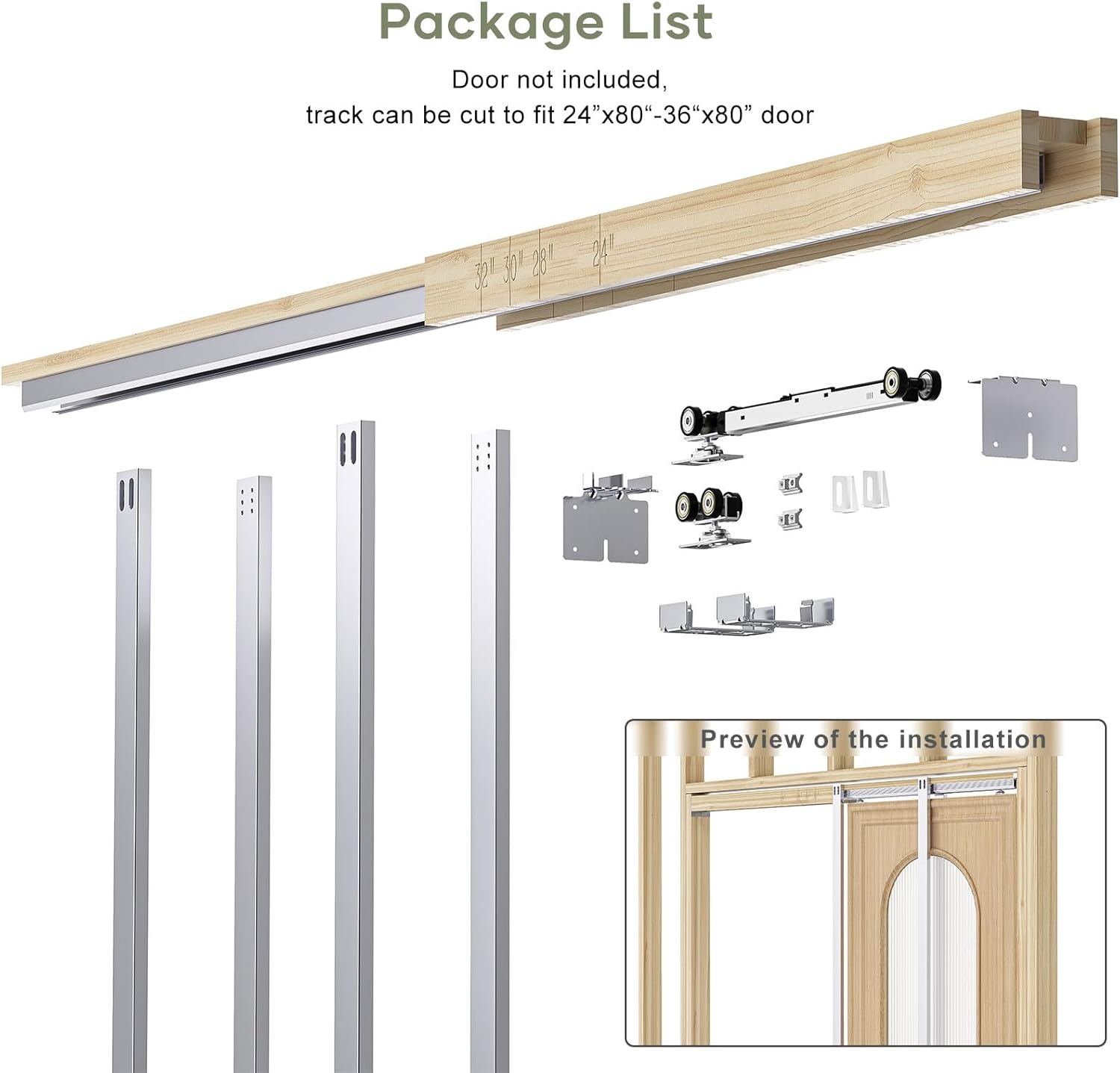 EaseLife 36x80in Pocket Door Frame Hardware Kit with Two-Way Soft Close Mechanism for 2X4 Studs Wall,Sliding Hardware for 24"-36" Wide Door,Slide Smoothly Quietly,Easy Install,No Door (36in x 80in)