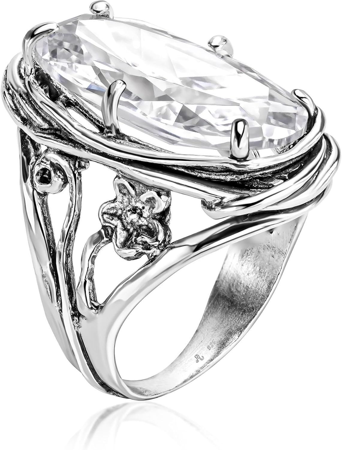 JEAN RACHEL JEWELRY 925 Sterling Silver Ring with Oval Shaped Cubic Zirconia - Floral Wire Wrap Vintage Design - Hypoallergenic, Nickel & Lead-free - Artisan Handcrafted Statement Rings for Women