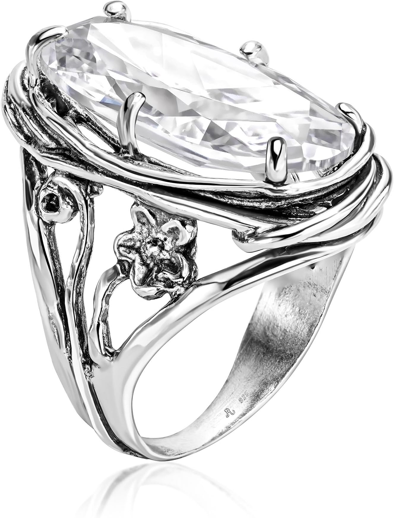 925 Sterling Silver Statement Ring With A White Oval Shaped Cubic Zirconia CZ Floral Vintage Antique Look Hypoallergenic, Nickel and Lead-free, Artisan Handcrafted Designer collection