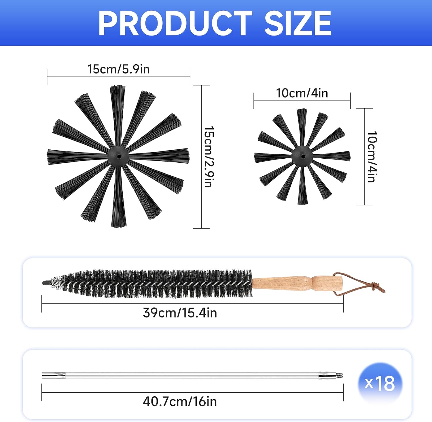 KOMCLUB Chimney Sweep Kit, 18 Nylon Rod Rotating Brush for Fireplace | 2 sizes of brush heads+wooden handle brush+batch head