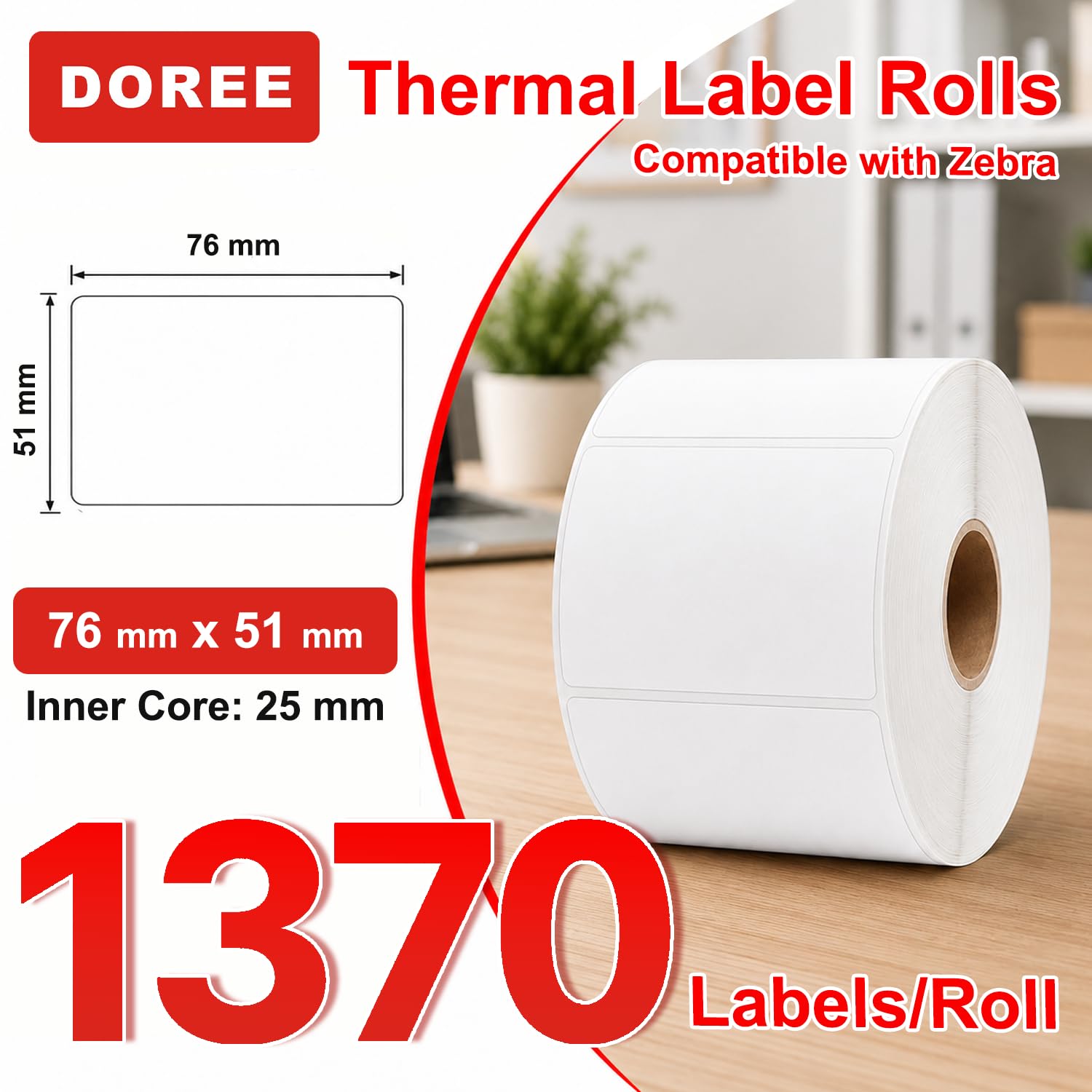 DOREE 10 rotoli etichette termiche 76×51mm, 1370 pz/rotolo, nucleo Ø25mm | Etichette termiche resistenti 76×51 mm nero su bianco, compatibili con Zebra ZD220, ZD421 e altri modelli