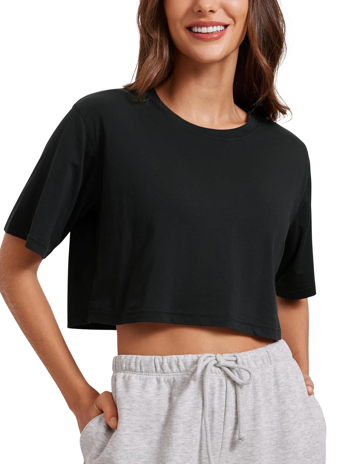 CRZ YOGA Women's Pima Cotton Workout Crop Tops Short Sleeve Yoga Shirts Casual Athletic Running T-Shirts