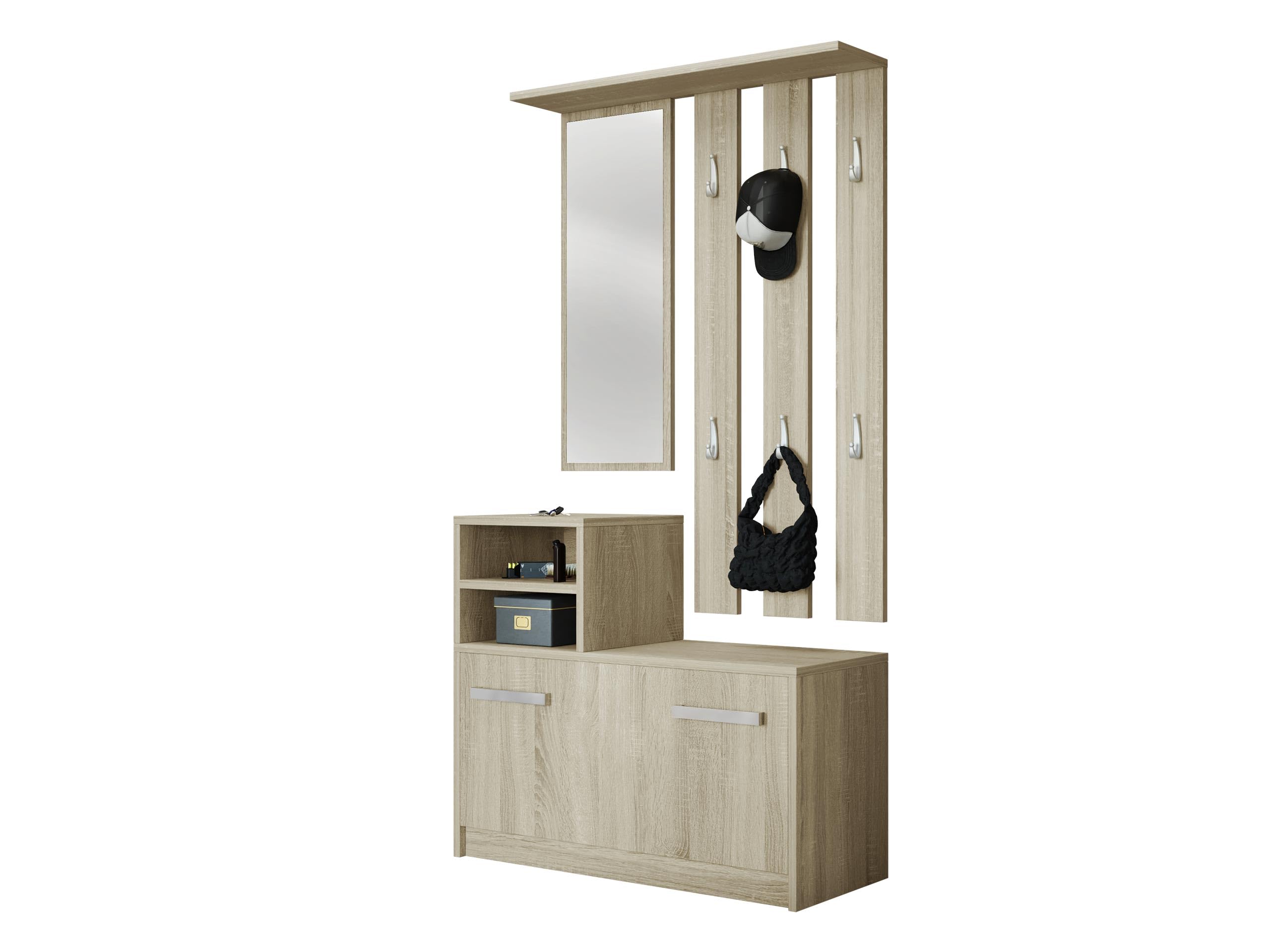 Mirjan24 Garderoben-Set Biel mit 6 Kleiderhaken, Spiegel, Schuhschrank, Farbauswahl, Wandgarderobe (Sonoma Eiche)