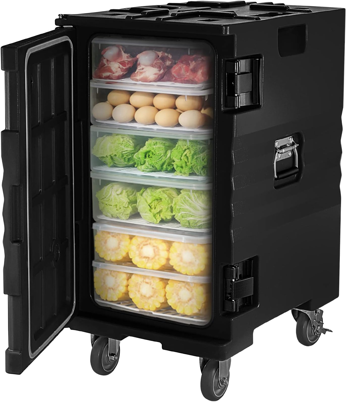 VEVOR Insulated Food Pan Carrier, 127 Qt Hot Box for Catering, LLDPE Food Box Carrier w/Double Buckles, Front Loading Food Warmer w/Handles, End Loader w/Wheels for Restaurant, Canteen, etc. Black