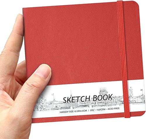 Miniatura 1 de Cuaderno de bocetos cuadrado de piel sintética de 5 x 5 pulgadas, 58 hojas de papel beige de 150 GSM, libro de bocetos de arte libre de ácido,