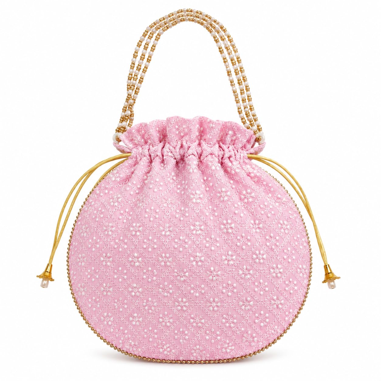 Pink Chikankari Potli Bag with Pearl Beaded Handle, 9x9 Inch-picture-39