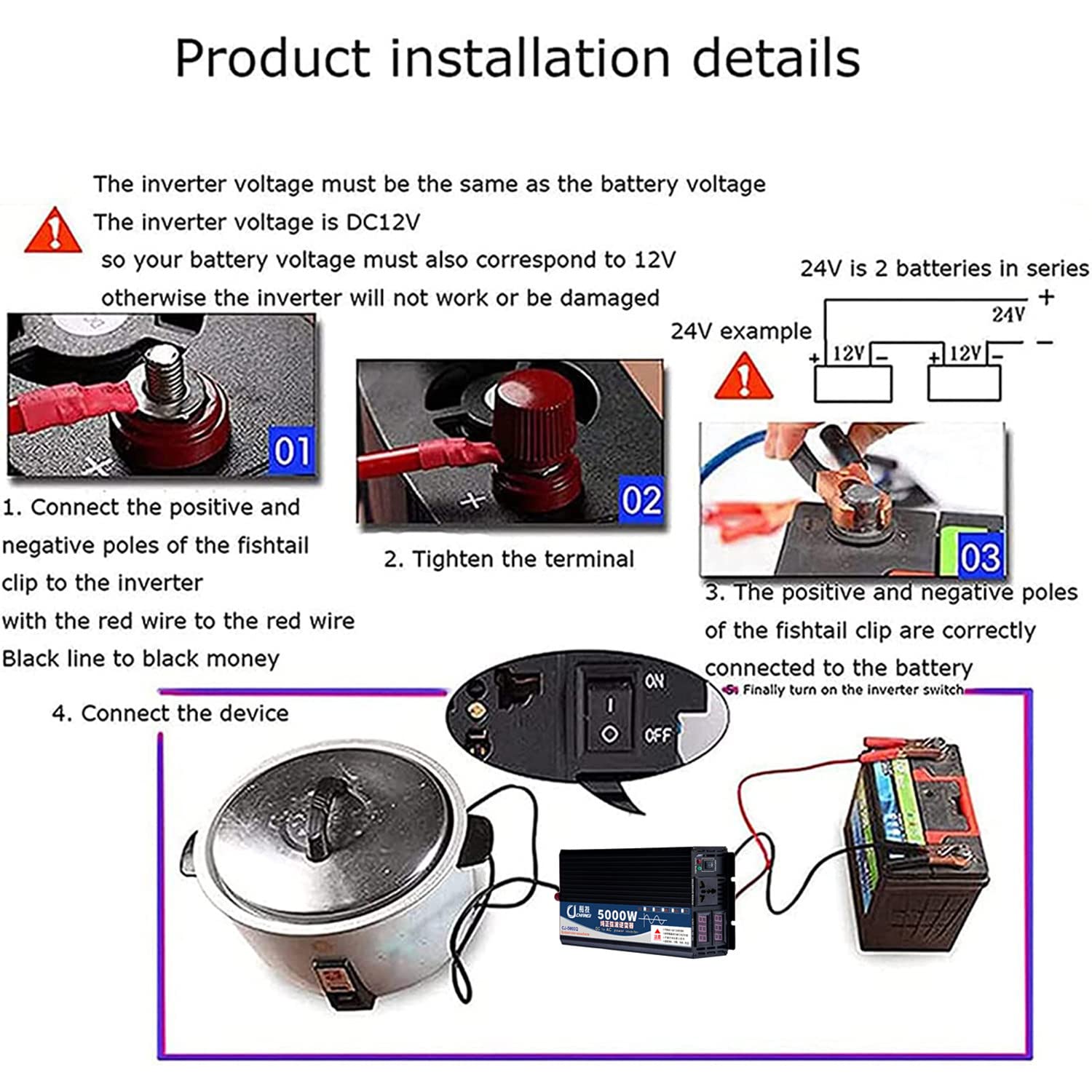 Przetwornice mocy czystej fali sinusoidalnej 3000W 4000W 5000W 12V 24V 48V 60V DC na AC 110V 230V konwerter z gniazdami prądu przemiennego i wyświetlaczem LED do ciężarówki RV,3000W-24V