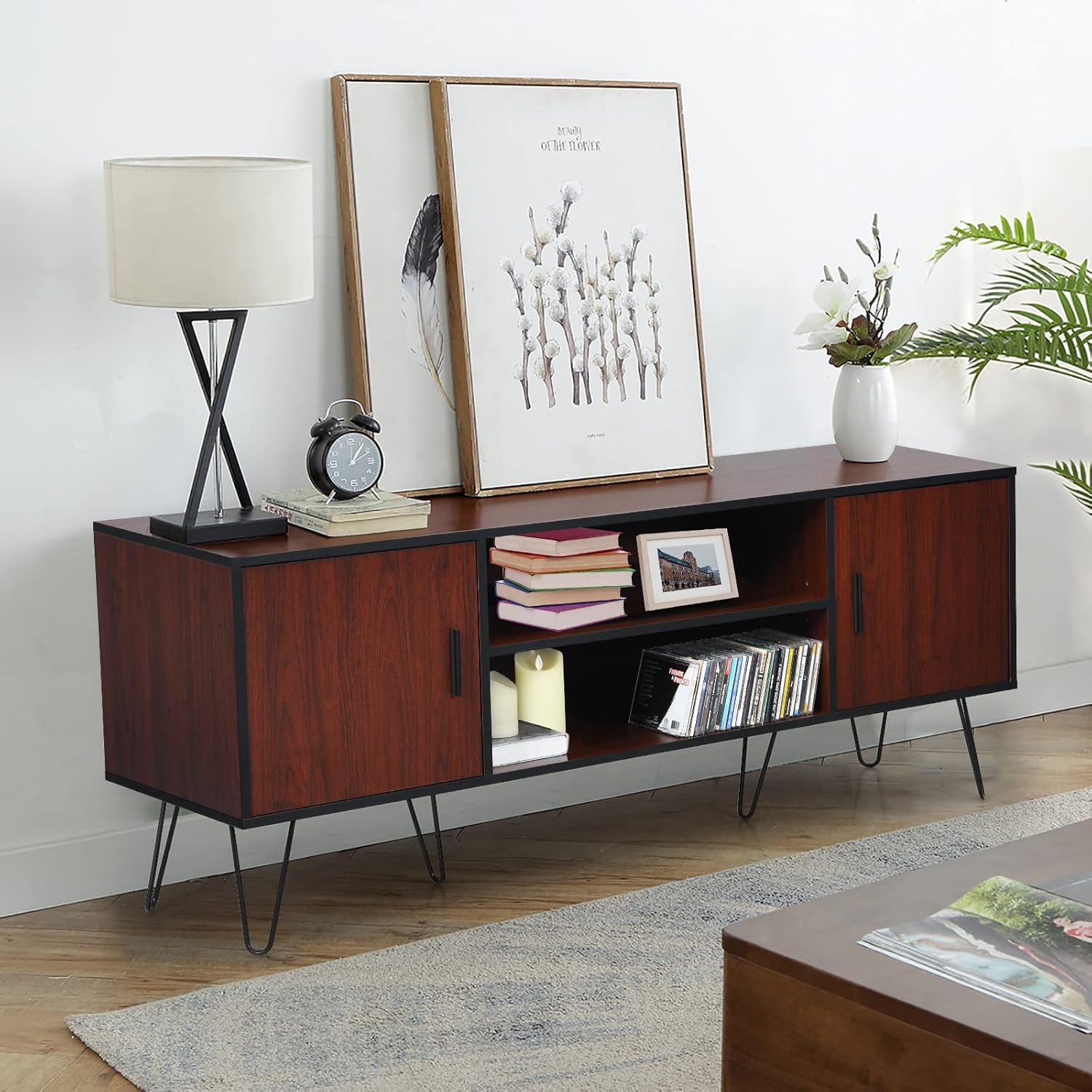 Tangkula Retro TV Stand with 6 Metal Legs, Modern Entertainment Center for TVs up to 65 Inch, TV Console Table w/ 2 Cable Holes, Adjustable Shelf, Media Storage Cabinet for Living Room, 59 Inch