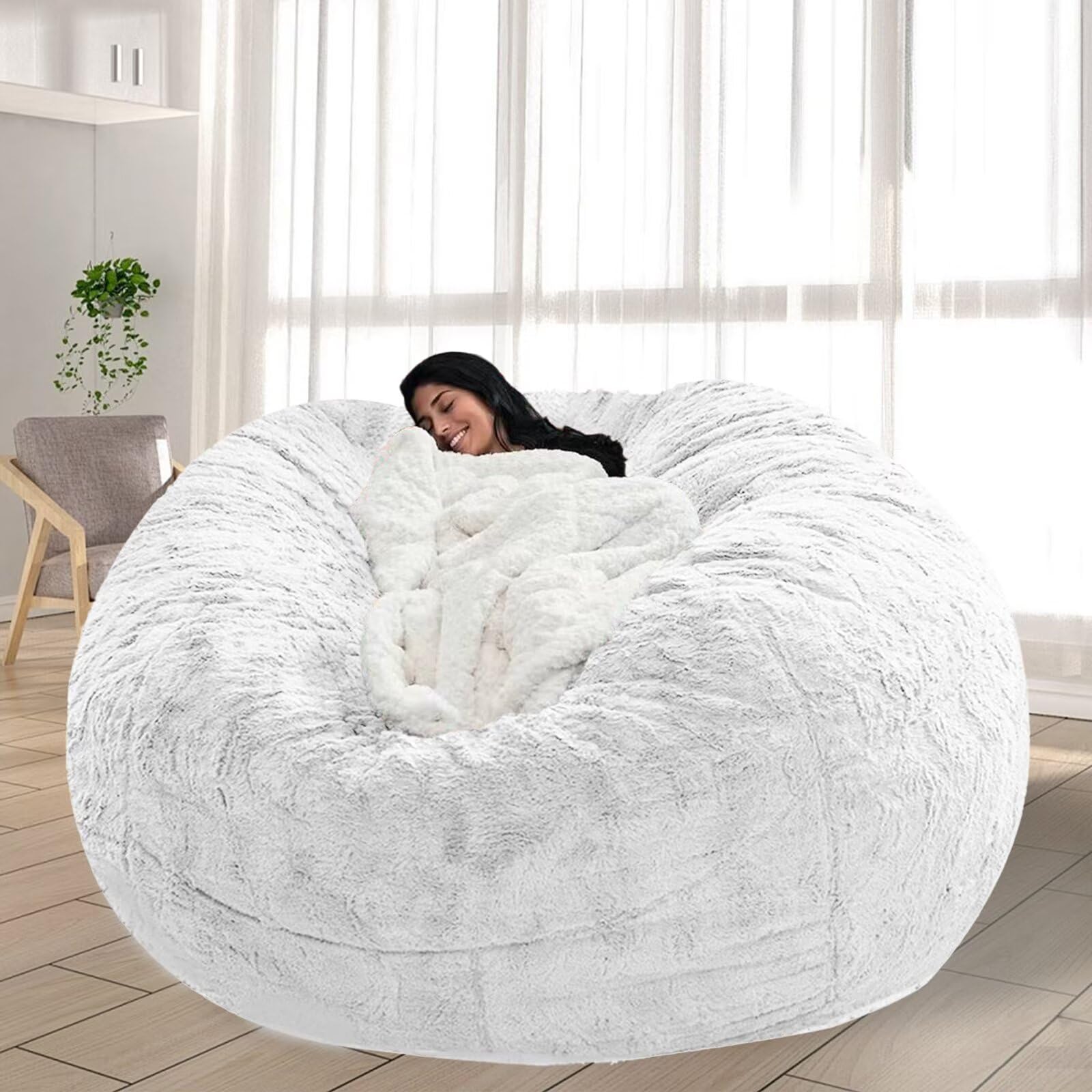FIEATES Bean Bag Chair for Adults Kids No Filling Soft Round Bean Bag Couch Lazy Sofa Lounge Chair Reading Chair Cover, 3.5FT, White