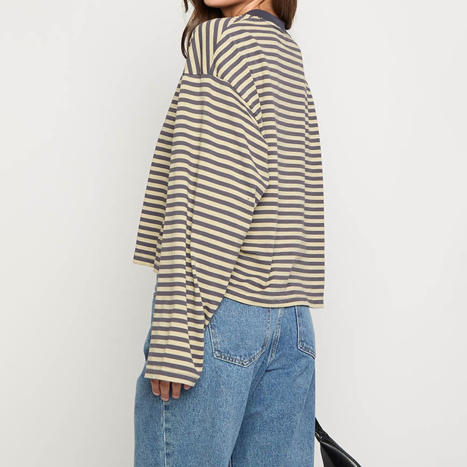 Gestreiftes Langarm-Top für Damen, Rundhalsausschnitt, Farbblock, Basic-T-Shirt, lässig, locker, zum Ausgehen, Y2k Streetwear