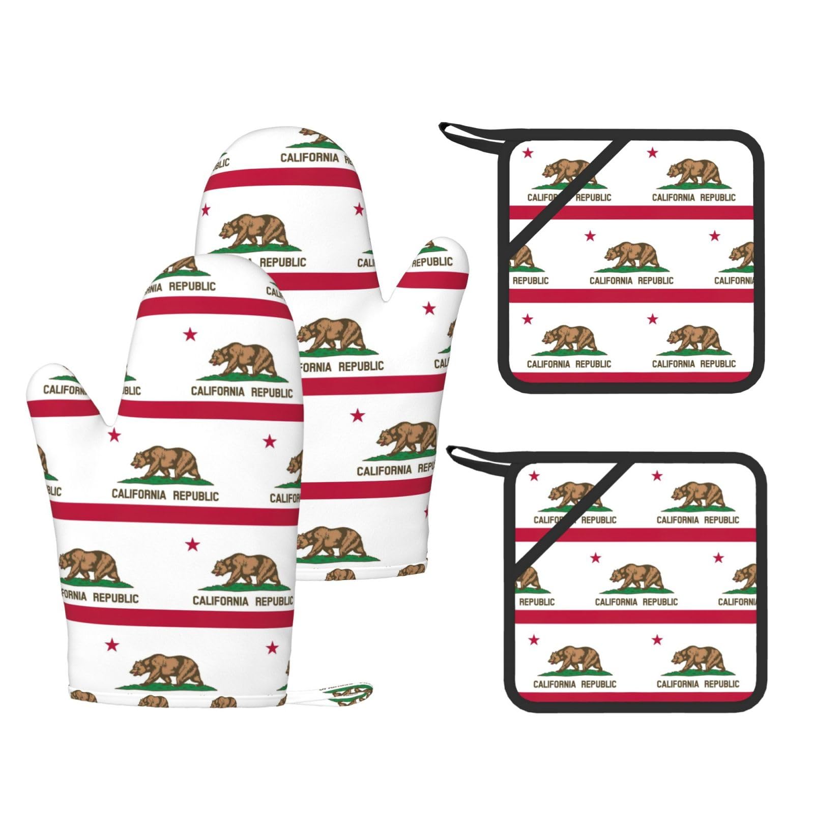 California State Flag Printed Oven Mitts with Pocket and Hot Pads, Silicone Non-Slip Kitchen Gloves for Baking BBQ