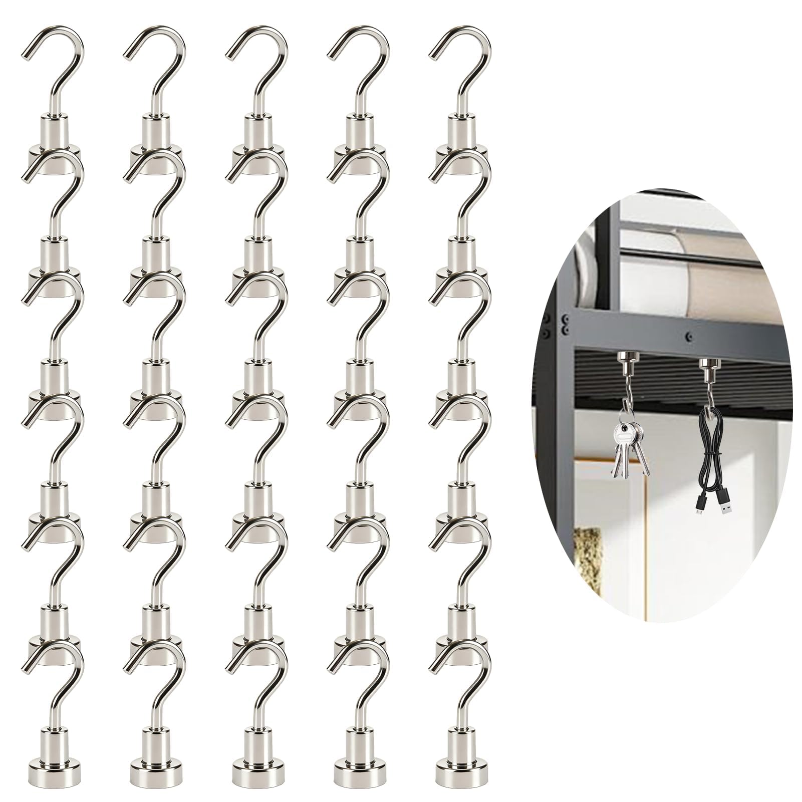 30 Pack Neodymium Magnetic Hooks,22lb Strong Magnet Hooks Heavy Duty Silver Coated for Hanging Extra Strong for Kitchen Garage Cruise Ship Office Fridge Cabinets Workshop Keys Tools Clothes 10kg