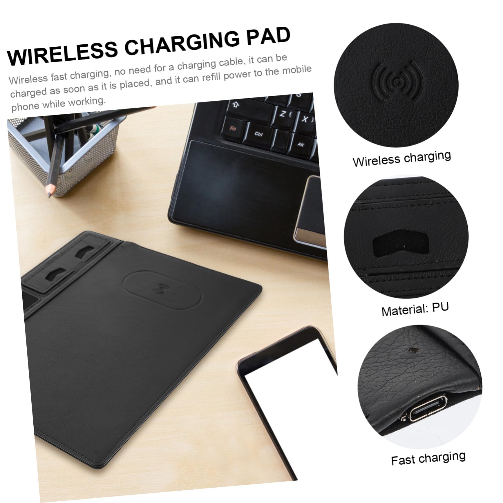 Operitacx Tappetino per Mouse Ricarica Wireless 15w in Pu Nero, Superficie Anti-schizzo, per Ufficio e Lavoro