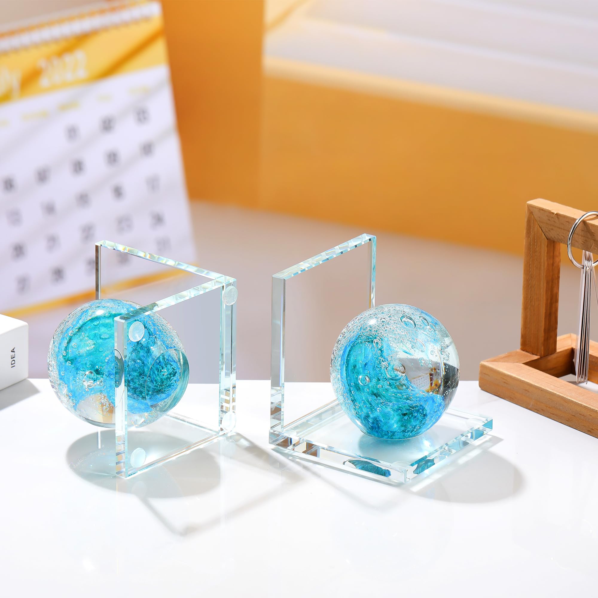 Buchstützen aus Glas mit türkiser, mundgeblasener Meereswelle, 2 Stück | Buchstützen für Regale, dekorativ, cool, Kristall, nautisch, Ozean, schwer, Küstenbuchstützen, moderne Buchstützen