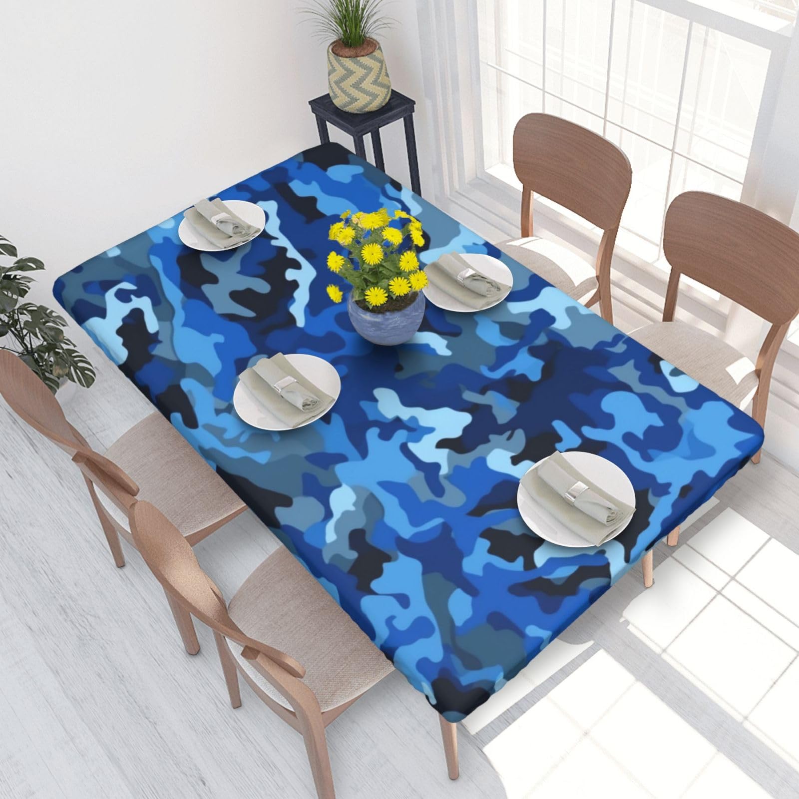DCARSETCV Blue Camouflage Printed 4FT Waterproof Tablecloth with Elastic Edged Protect & Decor Your Table, Oil-proof Washable Table Cloth Cover for Dinner Picnic Party