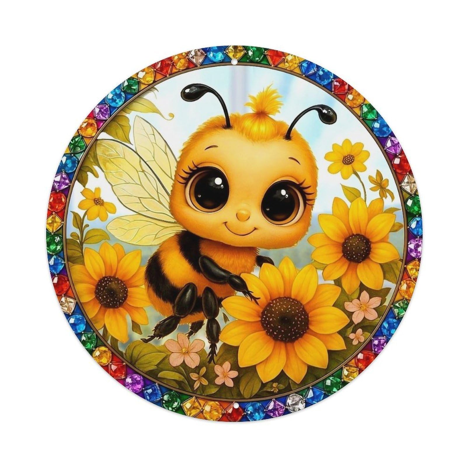 Cute Bee Sunflower Gem Border Vintage Metal Tin Sign Retro Wall Decor for Home Bar Garage Cafe, Indoor & Outdoor Decorative，circle Metal Poster, 8x8 Inch