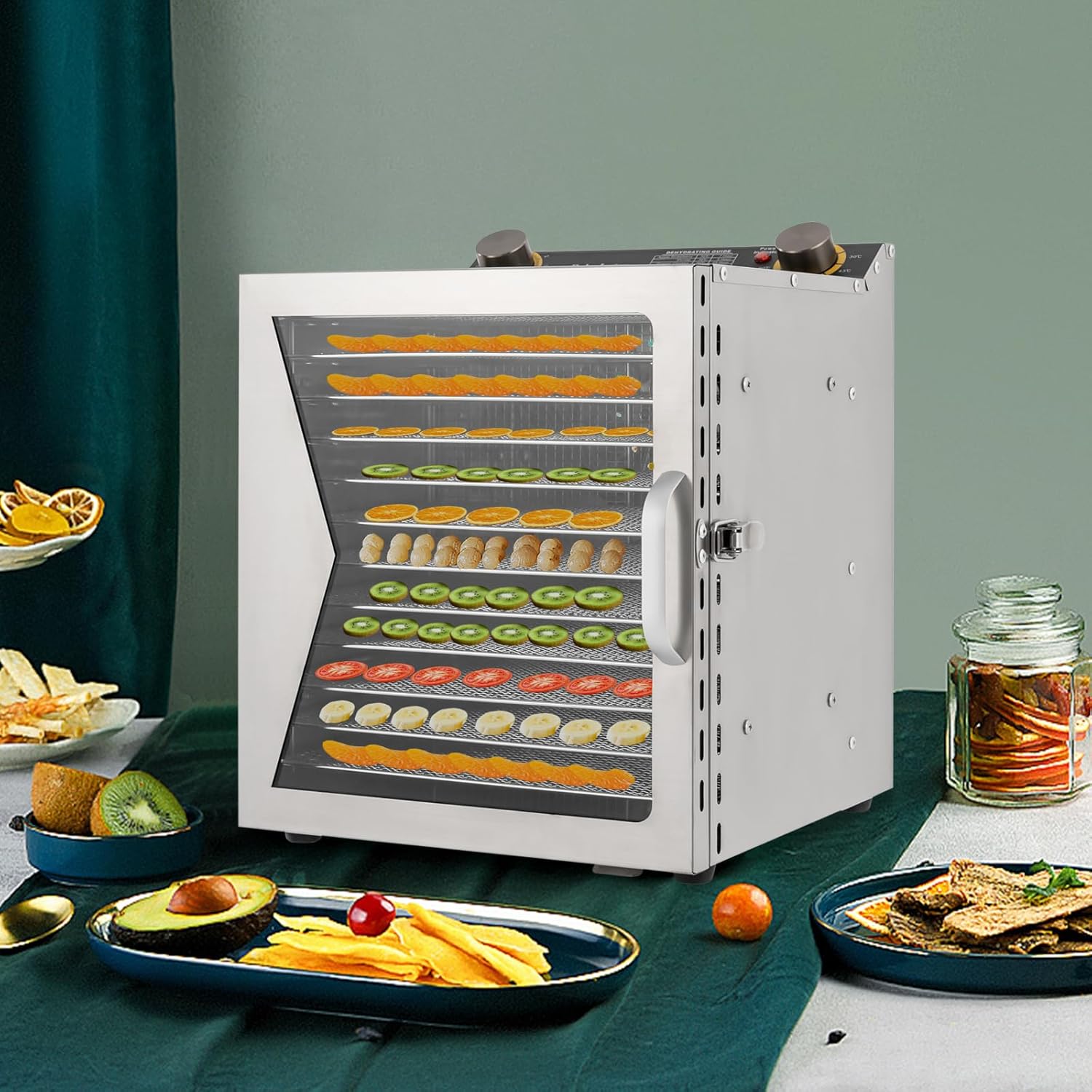 ​​Food Dehydrator Machine 800W Commercial with 12 Stainless Steel Trays, Temperature Control 86-194°F & Timer, Secure Lock Door for Fruits, Vegetables, Meat, Herbs & Jerky (Silver, 110V)​