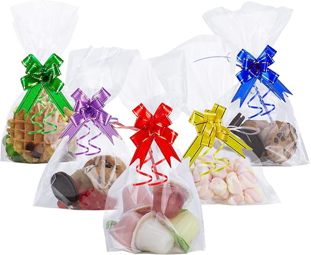 AUERVO 50Pcs Clear Cellophane Treat Bags 6" X 10" Clear Resealable Flat Cello Bags Sweet Party Gift Bags OPP Plastic Bag with 50PCS Mix Colors Pull Bows for Candy, Soap, Cookie, Valentine Chocolates