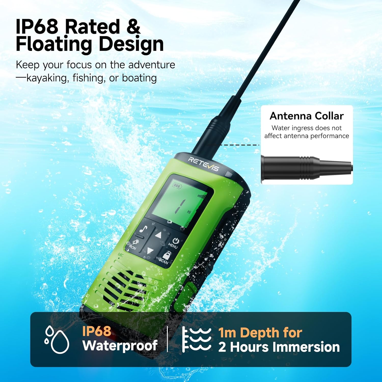 A green Retevis EZTalk 4S radio partially submerged in water, highlighting its IP68 waterproof rating and floating design. Text indicates 'IP68 Waterproof' and '1m Depth for 2 Hours Immersion'.