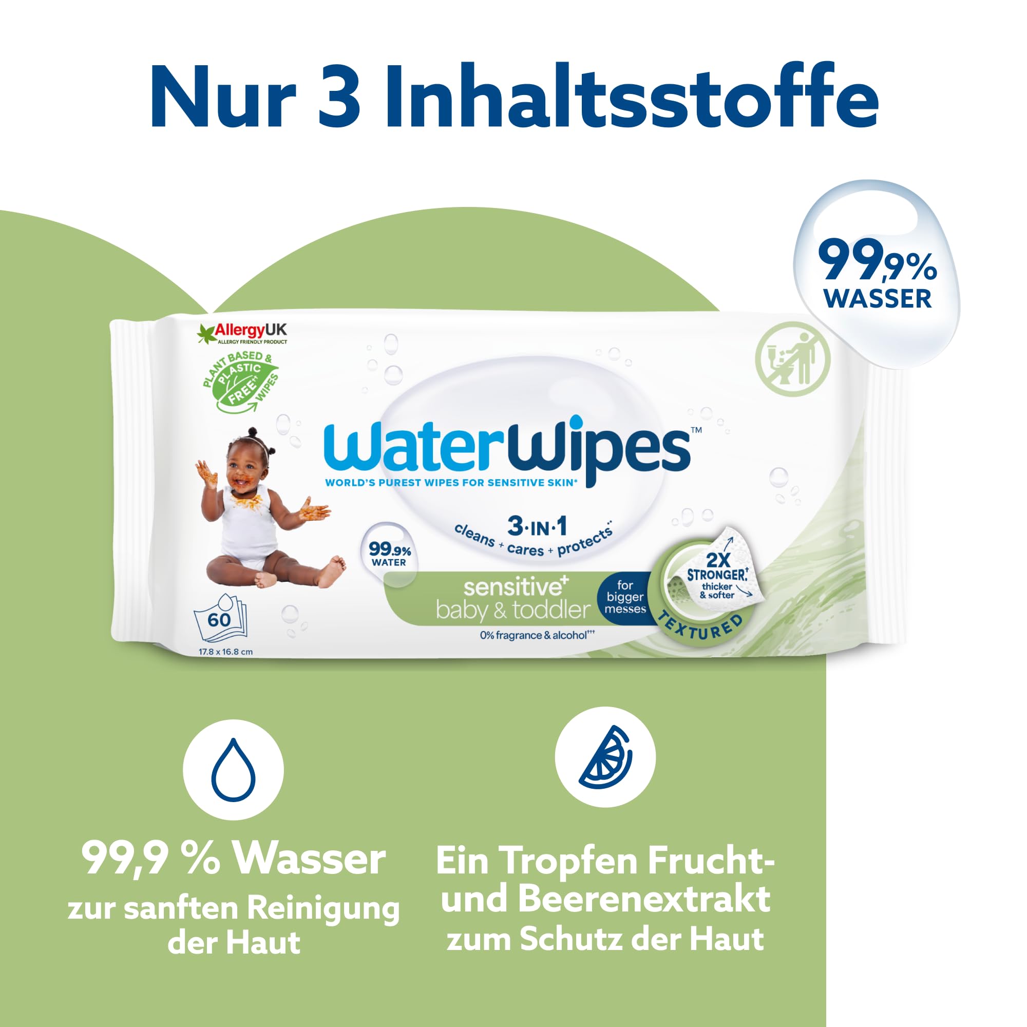 WaterWipes Sensitive+ Baby & Toddler Wipes, Baby- und Kleinkind-Feuchttücher, 720 Stück (12 Packungen), 3-in-1-Reinigung, Pflege, Schutz, 99,9% Wasser, strukturierte Reinigung, parfümfrei