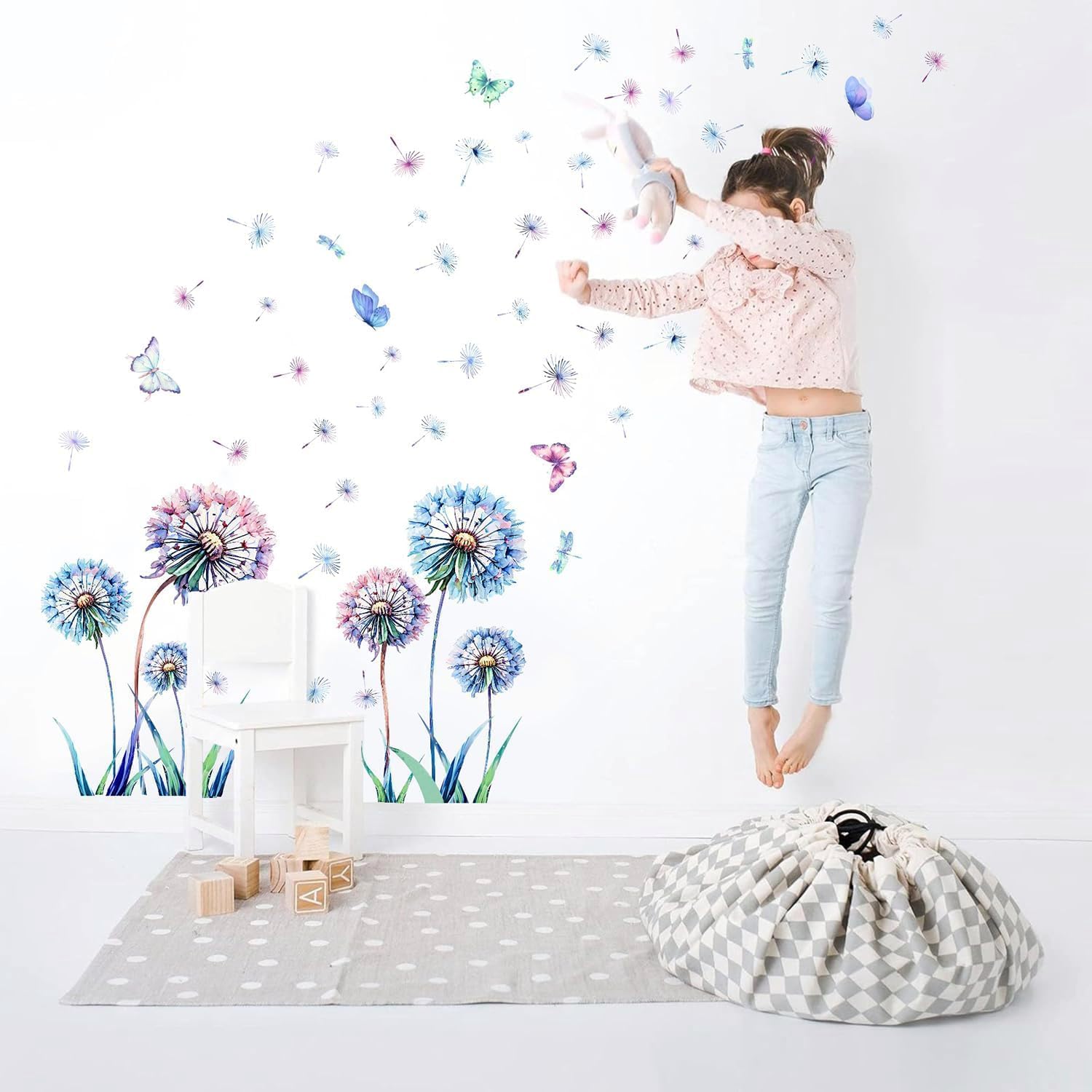 LHIUEM Blue Dandelion And Butterfly Wall Decal, 8x10 Inch, Vinyl, For Walls, Living Room, Bedroom, Girls Room, Funny Style, Floral Pattern