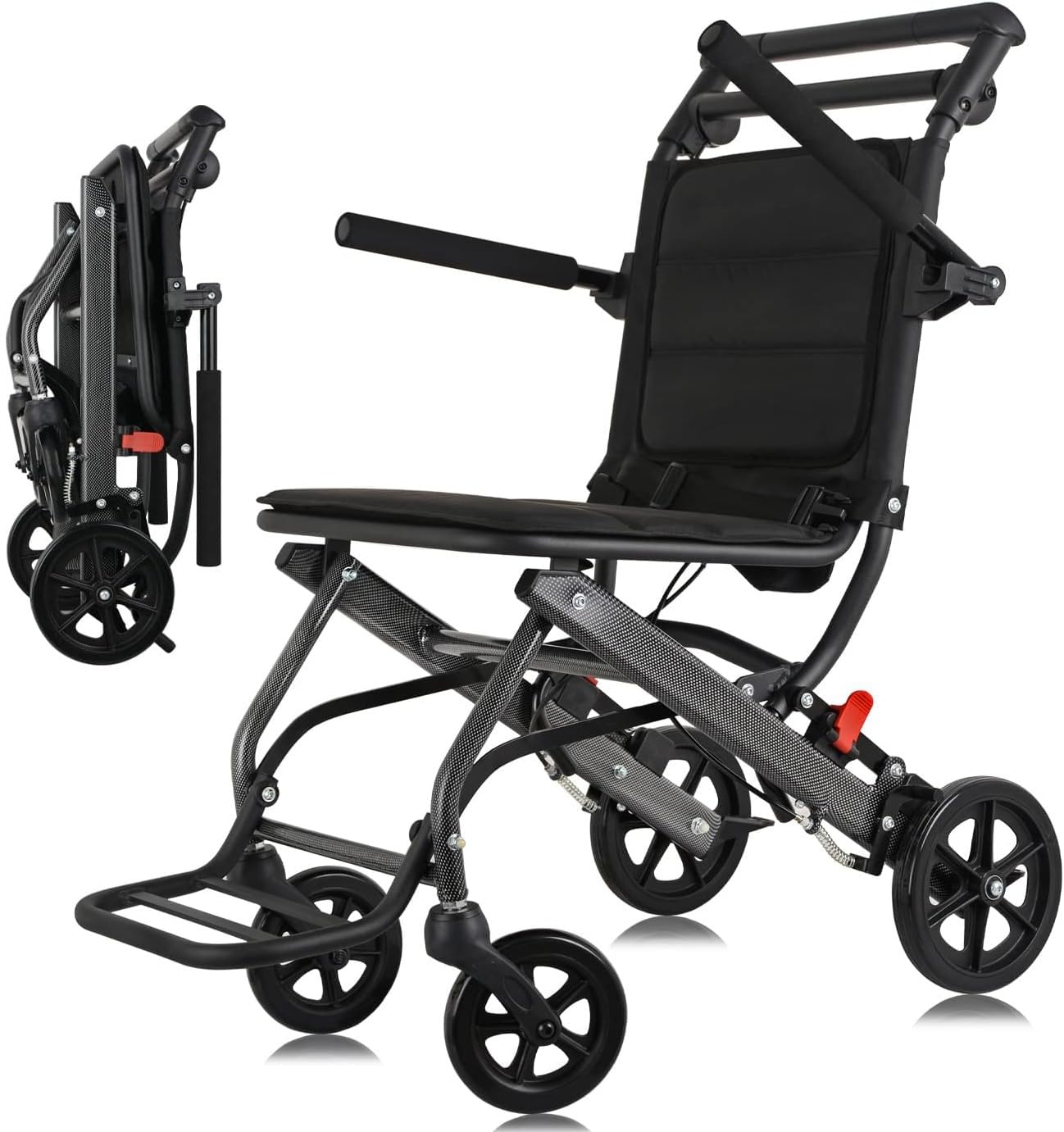 SXSLTSA Wheelchair Lightweight Folding Compact Travel Transit Aid Hand Brake Wheelchairs,Ultra-Light Transport Wheelchair,Trolleys for Elderly Aircraft Travel Maximum Load220 lb