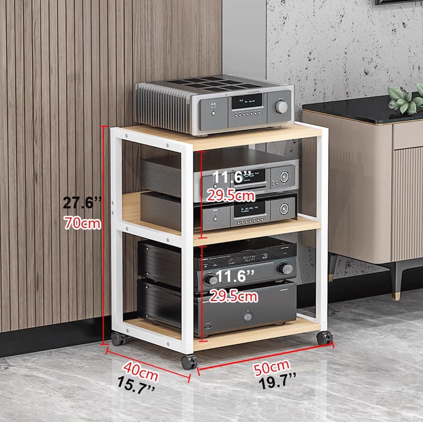 Stojak audio wideo, 3/4 poziomy z kółkami, drewniana mobilna wieża do przechowywania płyt gramofonowych, szafa stereo, do domu, biura, salonu (Nero-70 cm)