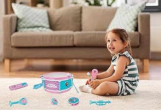 Lexibook, Gabby's Dollhouse, Set of 7 musical instruments (Drum, Maracas, Castanet, Harmonica, Flute, Trumpet, Tambourine), Musical Toy, Handy to carry, Pink/blue, K360GDH