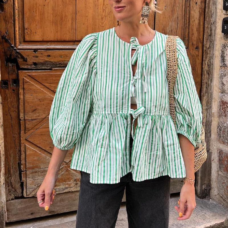 Women Y2K Peplum Puff Sleeve Shirts Teen Girls Lace Up Babydoll Ruffle Hem Blouse Tie Front Cute Summer Tops3