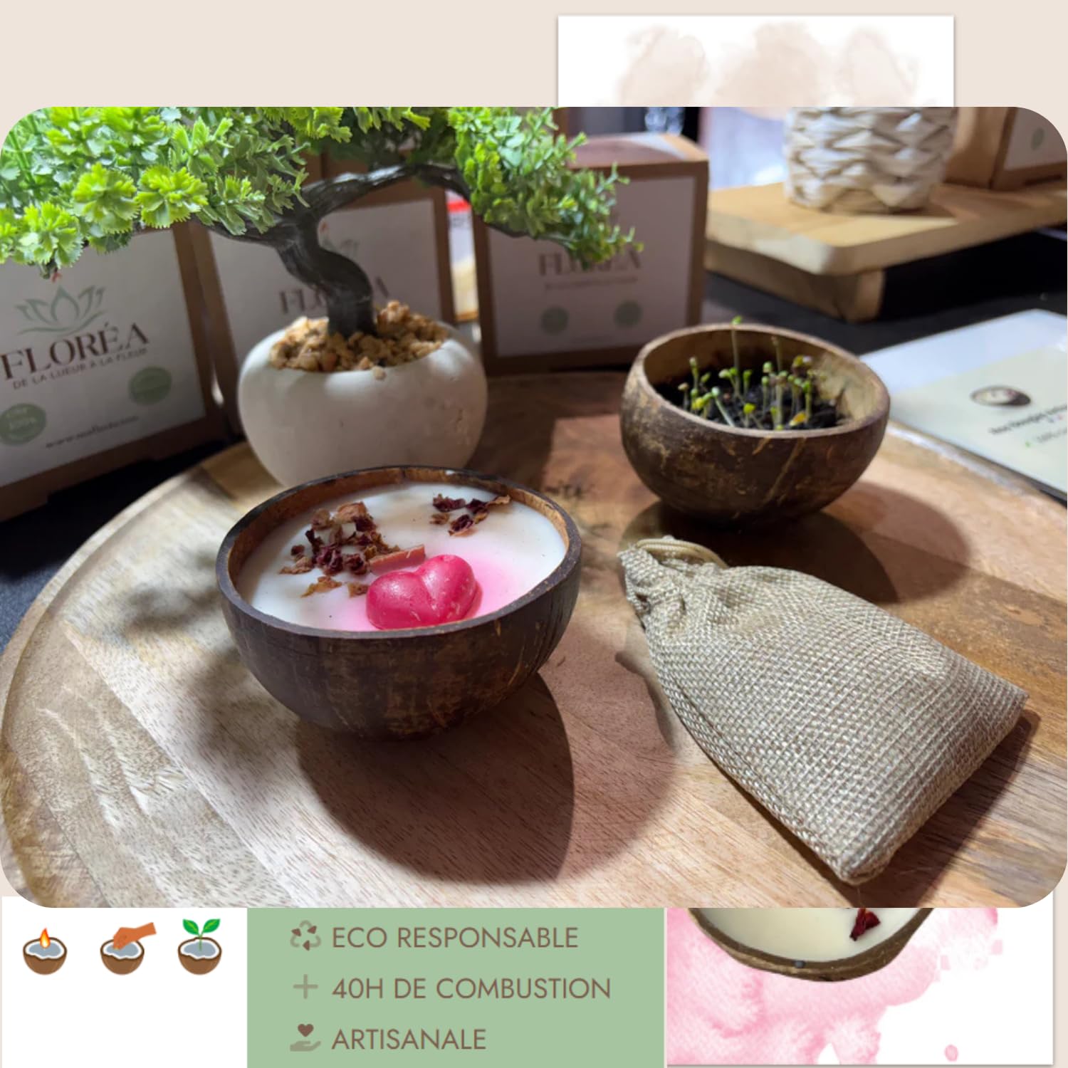 Bougie parfumée artisanale en noix de coco – Cire de soja 100% végétale, ~40 h – Végan, sans phtalates/CMR – À planter (graines + terreau inclus) – FLOREA – Arôme: