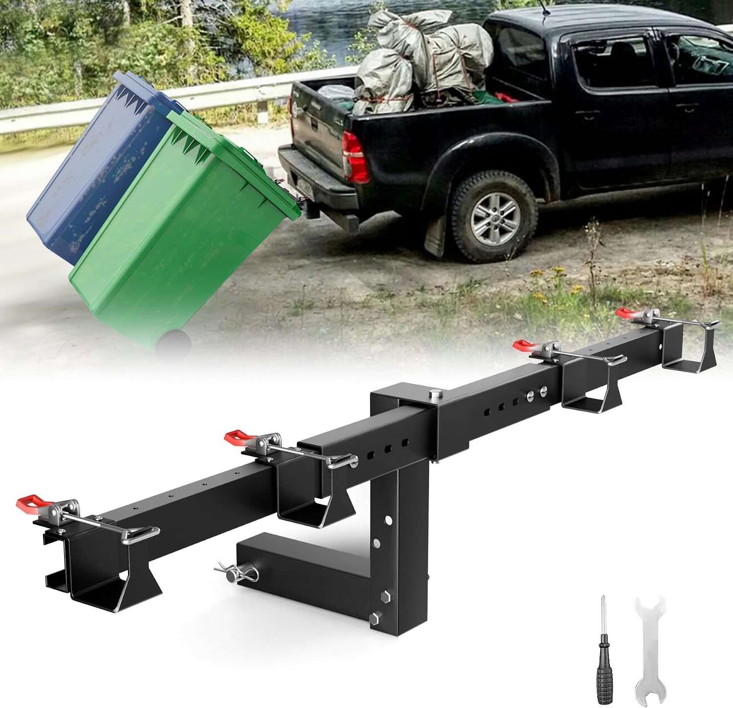 Dual Trash Can Hauler Hitch - Enhanced Thickness, Heavy Duty Steel Adjustable Garbage Can Towing Hitch with Lock Structure, Compatible with 2" Receivers for Pickup/UTV/ATV/SUV/Lawn Tractor