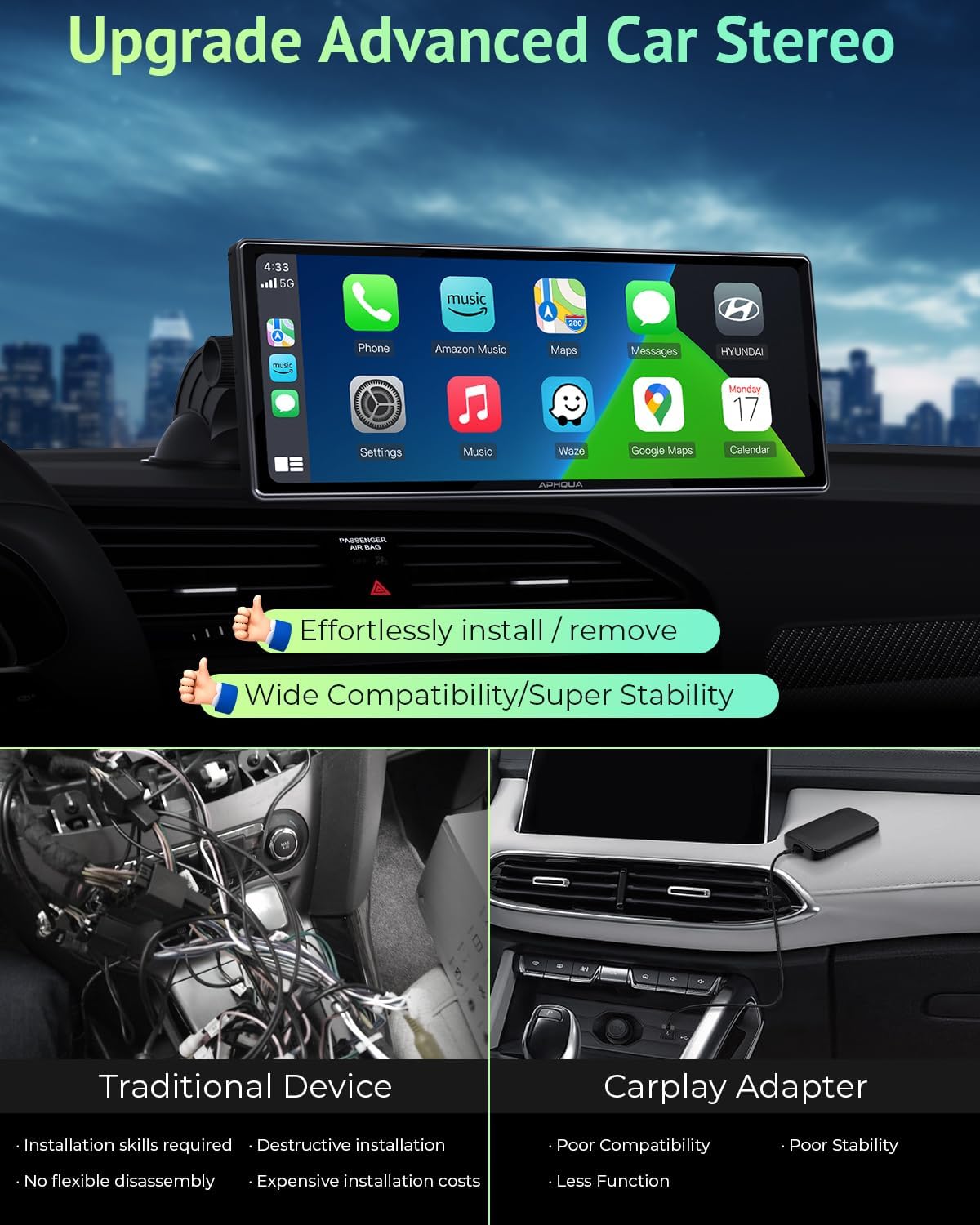 Image showing various mounting options for the APHQUA A96, including suction cup for dashboard and windshield, and a sticky mount bracket.